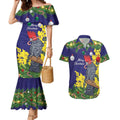 Australia Gang-gang Cockatoo Christmas Couples Matching Mermaid Dress and Hawaiian Shirt Callocephalon Fimbriatum Golden Wattle Blue - Aussie Hoodie