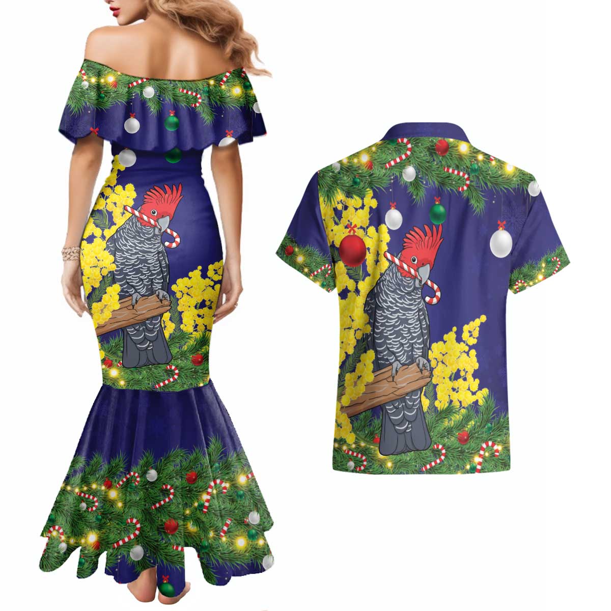 Australia Gang-gang Cockatoo Christmas Couples Matching Mermaid Dress and Hawaiian Shirt Callocephalon Fimbriatum Golden Wattle Blue - Aussie Hoodie