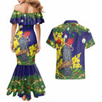 Australia Gang-gang Cockatoo Christmas Couples Matching Mermaid Dress and Hawaiian Shirt Callocephalon Fimbriatum Golden Wattle Blue - Aussie Hoodie