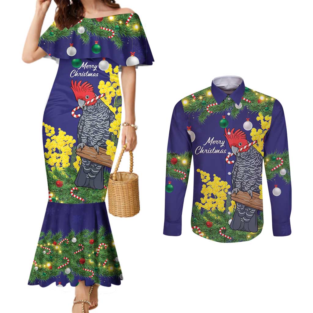 Australia Gang-gang Cockatoo Christmas Couples Matching Mermaid Dress and Long Sleeve Button Shirt Callocephalon Fimbriatum Golden Wattle Blue - Aussie Hoodie