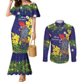 Australia Gang-gang Cockatoo Christmas Couples Matching Mermaid Dress and Long Sleeve Button Shirt Callocephalon Fimbriatum Golden Wattle Blue - Aussie Hoodie