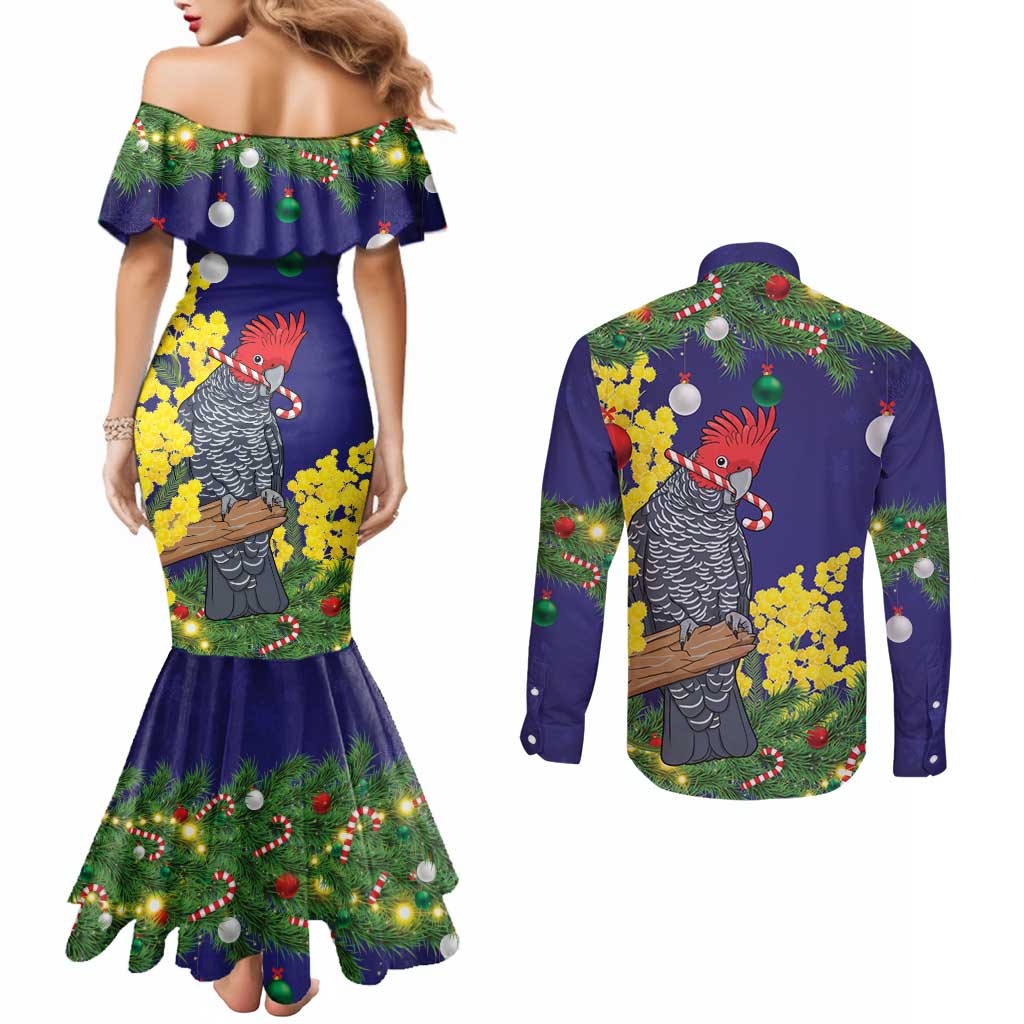Australia Gang-gang Cockatoo Christmas Couples Matching Mermaid Dress and Long Sleeve Button Shirt Callocephalon Fimbriatum Golden Wattle Blue - Aussie Hoodie