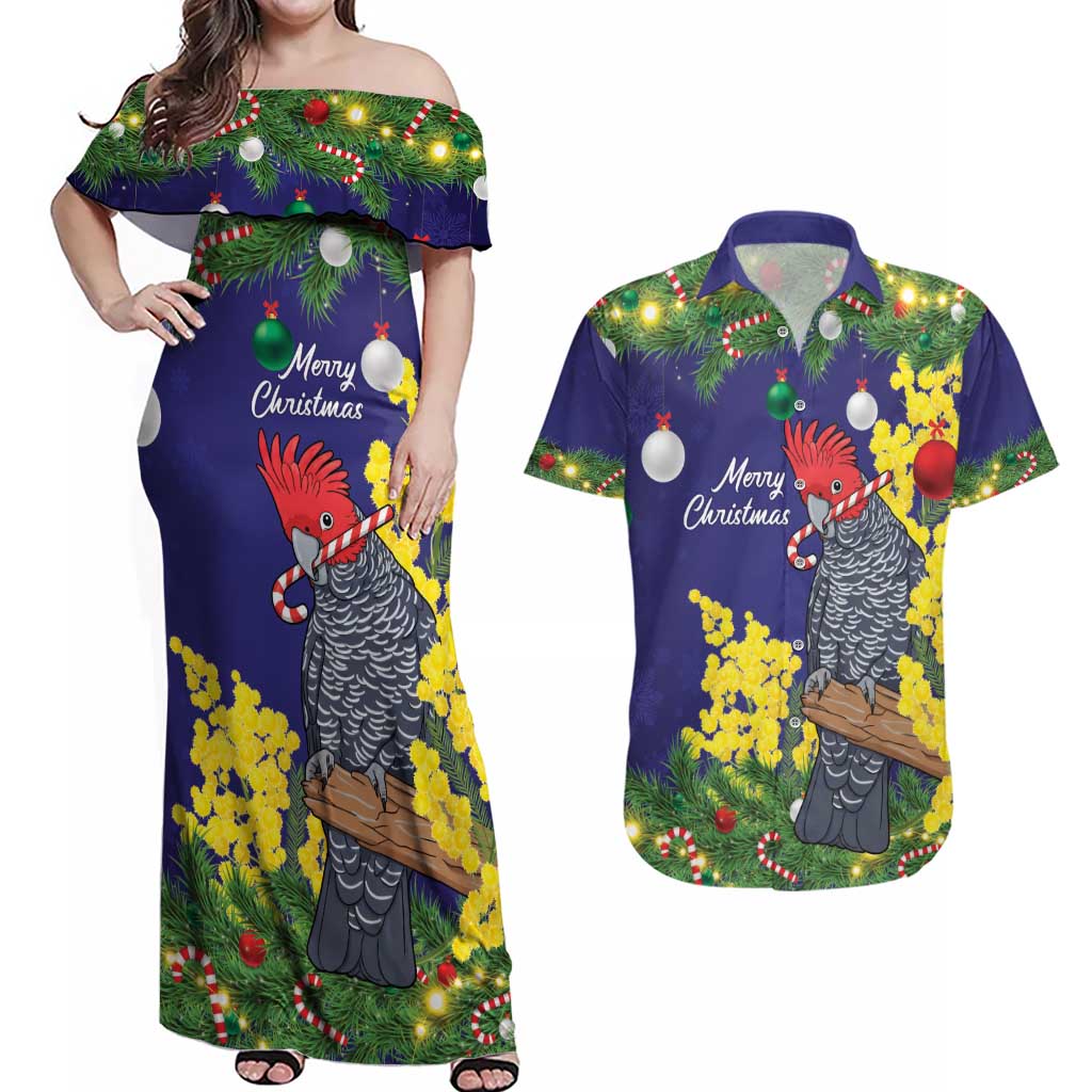 Australia Gang-gang Cockatoo Christmas Couples Matching Off Shoulder Maxi Dress and Hawaiian Shirt Callocephalon Fimbriatum Golden Wattle Blue - Aussie Hoodie