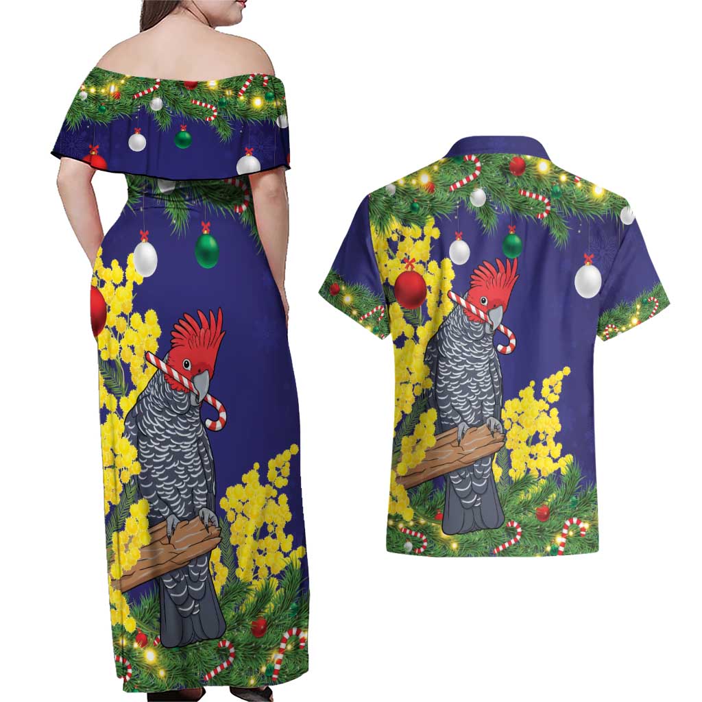 Australia Gang-gang Cockatoo Christmas Couples Matching Off Shoulder Maxi Dress and Hawaiian Shirt Callocephalon Fimbriatum Golden Wattle Blue - Aussie Hoodie