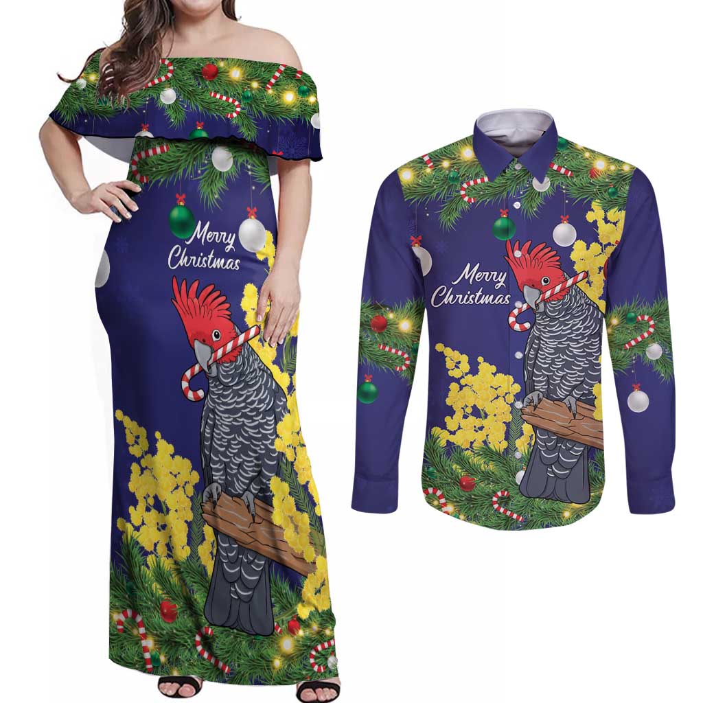 Australia Gang-gang Cockatoo Christmas Couples Matching Off Shoulder Maxi Dress and Long Sleeve Button Shirt Callocephalon Fimbriatum Golden Wattle Blue - Aussie Hoodie