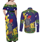 Australia Gang-gang Cockatoo Christmas Couples Matching Off Shoulder Maxi Dress and Long Sleeve Button Shirt Callocephalon Fimbriatum Golden Wattle Blue - Aussie Hoodie