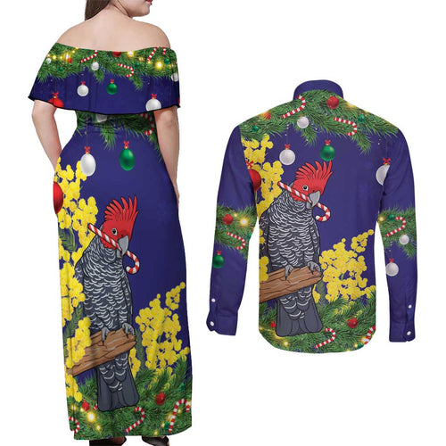 Australia Gang-gang Cockatoo Christmas Couples Matching Off Shoulder Maxi Dress and Long Sleeve Button Shirt Callocephalon Fimbriatum Golden Wattle Blue - Aussie Hoodie