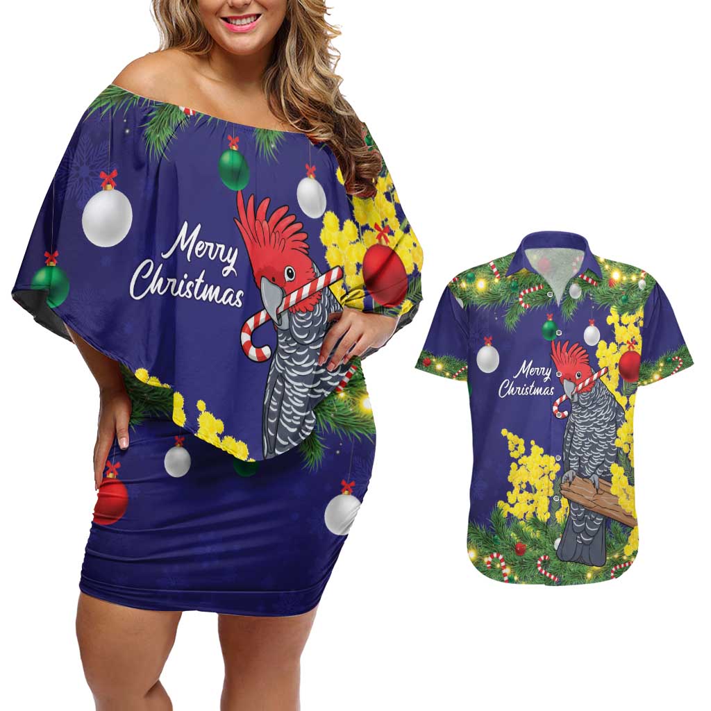 Australia Gang-gang Cockatoo Christmas Couples Matching Off Shoulder Short Dress and Hawaiian Shirt Callocephalon Fimbriatum Golden Wattle Blue - Aussie Hoodie