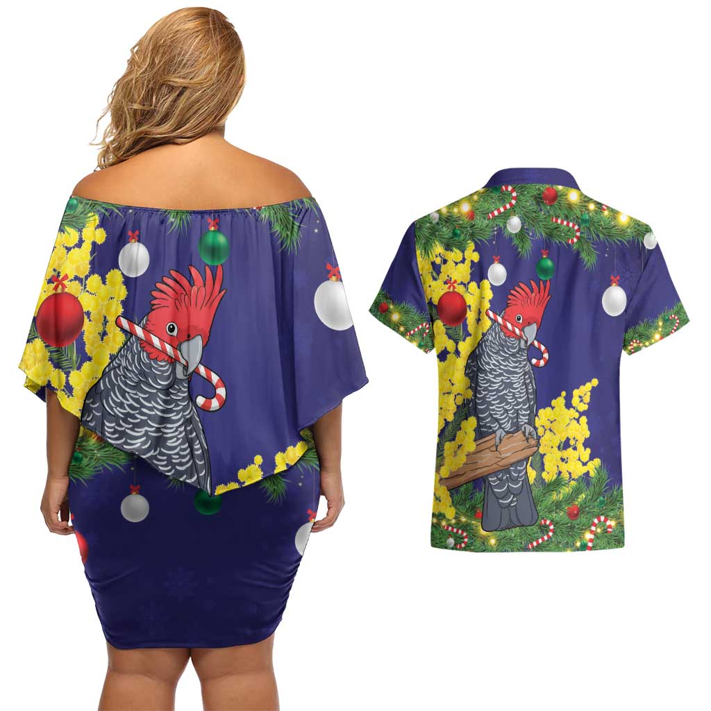 Australia Gang-gang Cockatoo Christmas Couples Matching Off Shoulder Short Dress and Hawaiian Shirt Callocephalon Fimbriatum Golden Wattle Blue - Aussie Hoodie