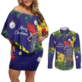 Australia Gang-gang Cockatoo Christmas Couples Matching Off Shoulder Short Dress and Long Sleeve Button Shirt Callocephalon Fimbriatum Golden Wattle Blue - Aussie Hoodie