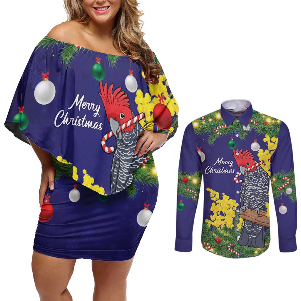 Australia Gang-gang Cockatoo Christmas Couples Matching Off Shoulder Short Dress and Long Sleeve Button Shirt Callocephalon Fimbriatum Golden Wattle Blue - Aussie Hoodie