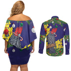 Australia Gang-gang Cockatoo Christmas Couples Matching Off Shoulder Short Dress and Long Sleeve Button Shirt Callocephalon Fimbriatum Golden Wattle Blue - Aussie Hoodie