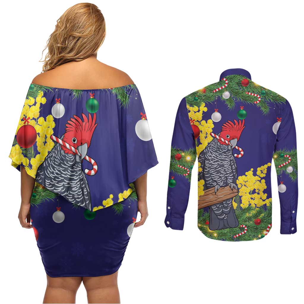 Australia Gang-gang Cockatoo Christmas Couples Matching Off Shoulder Short Dress and Long Sleeve Button Shirt Callocephalon Fimbriatum Golden Wattle Blue - Aussie Hoodie