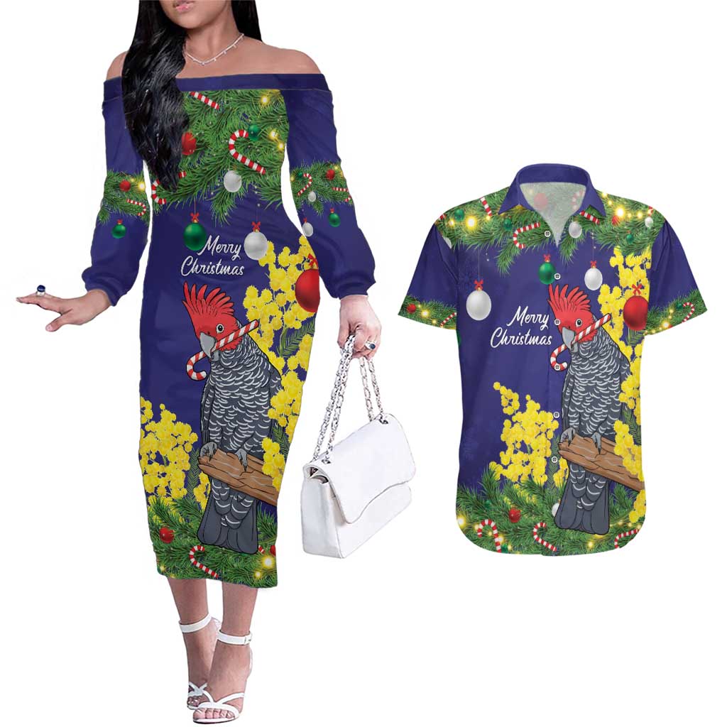Australia Gang-gang Cockatoo Christmas Couples Matching Off The Shoulder Long Sleeve Dress and Hawaiian Shirt Callocephalon Fimbriatum Golden Wattle Blue - Aussie Hoodie