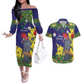 Australia Gang-gang Cockatoo Christmas Couples Matching Off The Shoulder Long Sleeve Dress and Hawaiian Shirt Callocephalon Fimbriatum Golden Wattle Blue - Aussie Hoodie