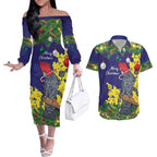 Australia Gang-gang Cockatoo Christmas Couples Matching Off The Shoulder Long Sleeve Dress and Hawaiian Shirt Callocephalon Fimbriatum Golden Wattle Blue - Aussie Hoodie