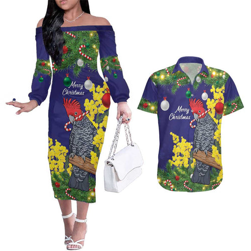 Australia Gang-gang Cockatoo Christmas Couples Matching Off The Shoulder Long Sleeve Dress and Hawaiian Shirt Callocephalon Fimbriatum Golden Wattle Blue - Aussie Hoodie