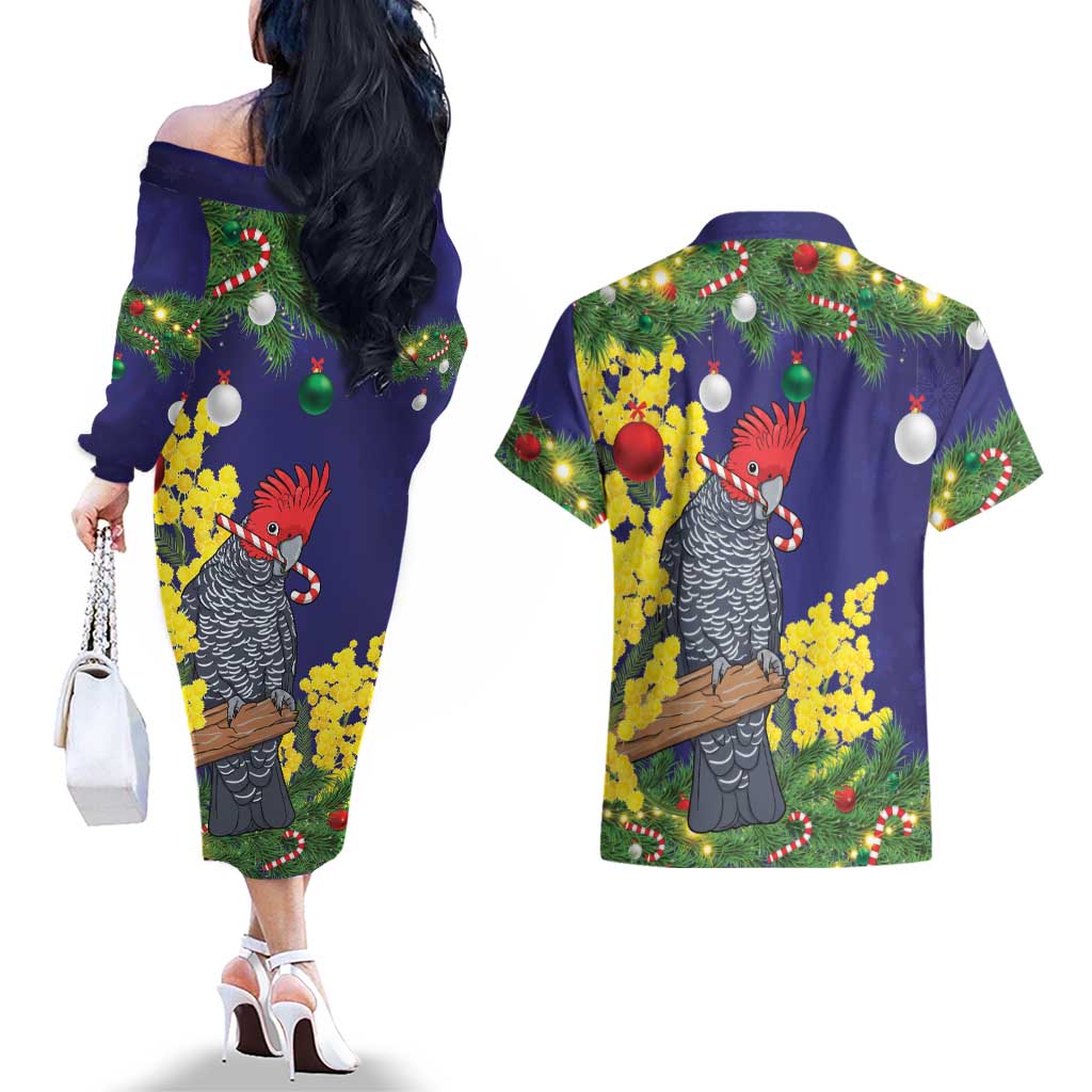 Australia Gang-gang Cockatoo Christmas Couples Matching Off The Shoulder Long Sleeve Dress and Hawaiian Shirt Callocephalon Fimbriatum Golden Wattle Blue - Aussie Hoodie