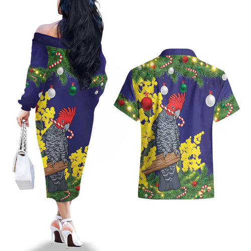 Australia Gang-gang Cockatoo Christmas Couples Matching Off The Shoulder Long Sleeve Dress and Hawaiian Shirt Callocephalon Fimbriatum Golden Wattle Blue - Aussie Hoodie