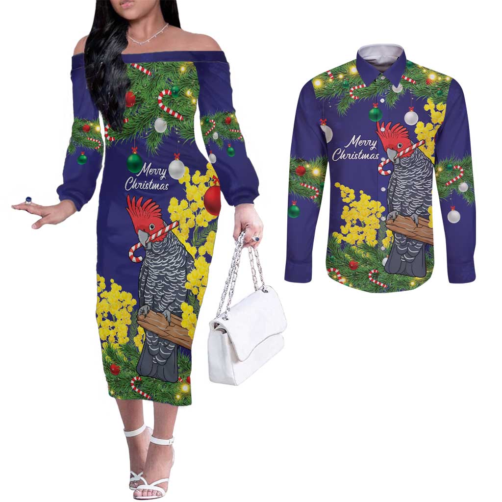 Australia Gang-gang Cockatoo Christmas Couples Matching Off The Shoulder Long Sleeve Dress and Long Sleeve Button Shirt Callocephalon Fimbriatum Golden Wattle Blue - Aussie Hoodie