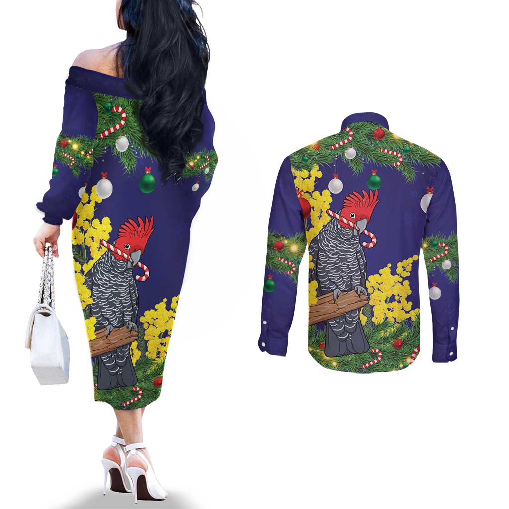 Australia Gang-gang Cockatoo Christmas Couples Matching Off The Shoulder Long Sleeve Dress and Long Sleeve Button Shirt Callocephalon Fimbriatum Golden Wattle Blue - Aussie Hoodie