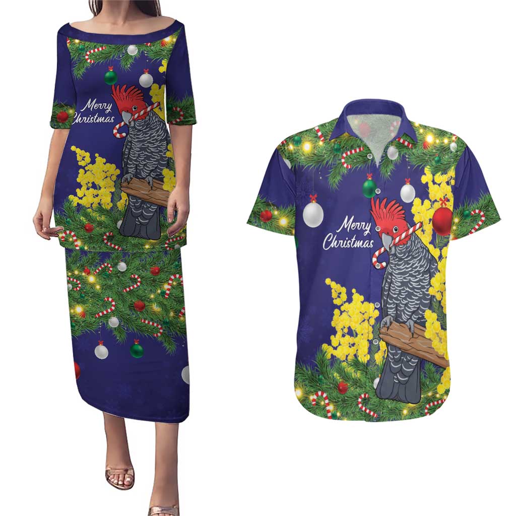 Australia Gang-gang Cockatoo Christmas Couples Matching Puletasi and Hawaiian Shirt Callocephalon Fimbriatum Golden Wattle Blue - Aussie Hoodie