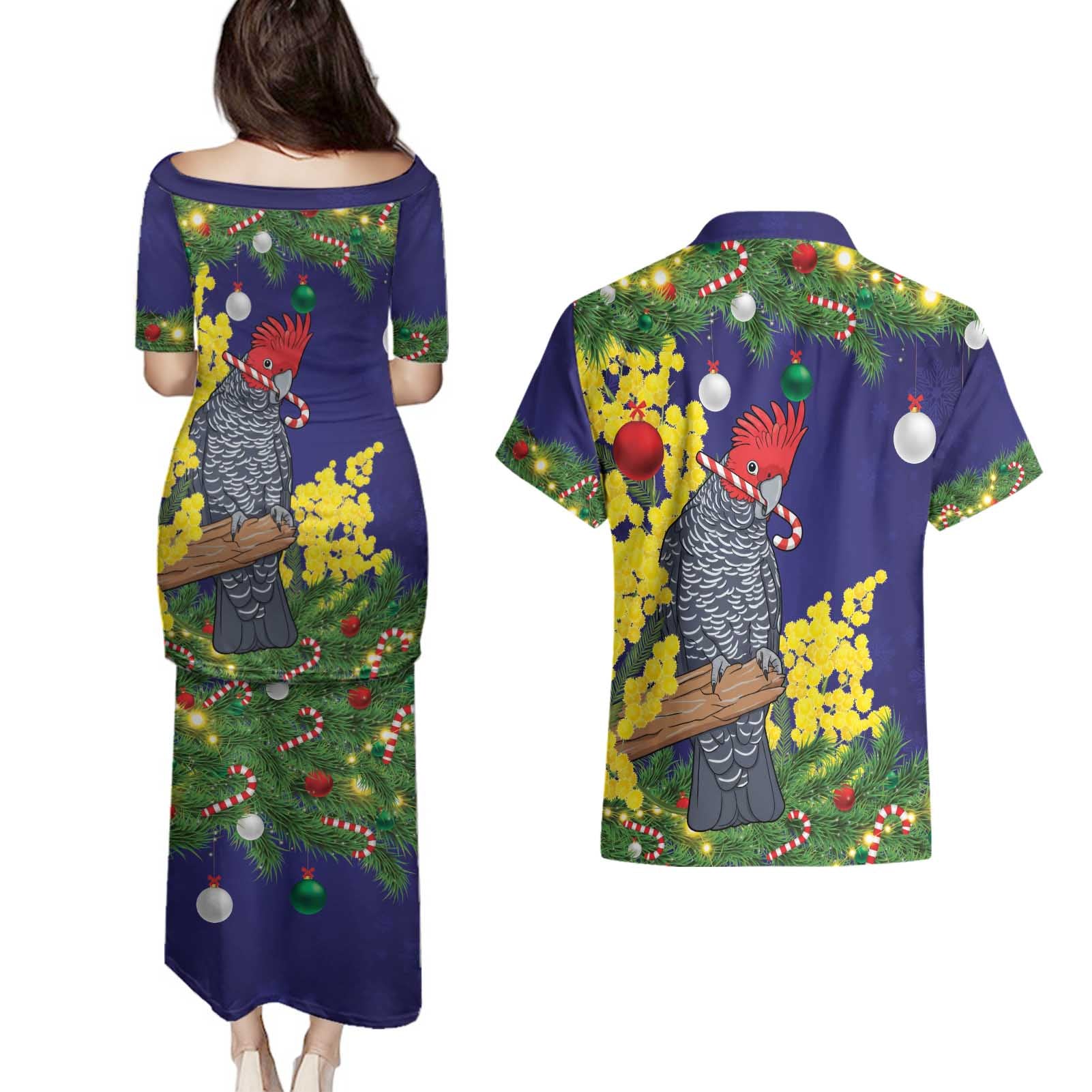 Australia Gang-gang Cockatoo Christmas Couples Matching Puletasi and Hawaiian Shirt Callocephalon Fimbriatum Golden Wattle Blue - Aussie Hoodie