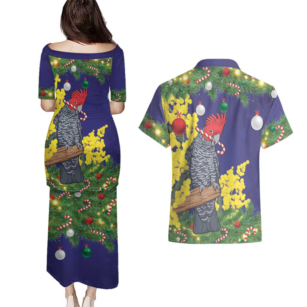 Australia Gang-gang Cockatoo Christmas Couples Matching Puletasi and Hawaiian Shirt Callocephalon Fimbriatum Golden Wattle Blue - Aussie Hoodie