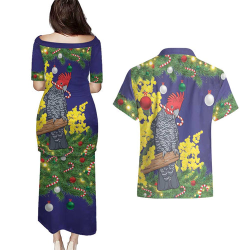Australia Gang-gang Cockatoo Christmas Couples Matching Puletasi and Hawaiian Shirt Callocephalon Fimbriatum Golden Wattle Blue - Aussie Hoodie