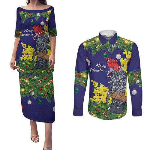 Australia Gang-gang Cockatoo Christmas Couples Matching Puletasi and Long Sleeve Button Shirt Callocephalon Fimbriatum Golden Wattle Blue - Aussie Hoodie