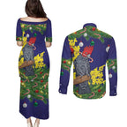 Australia Gang-gang Cockatoo Christmas Couples Matching Puletasi and Long Sleeve Button Shirt Callocephalon Fimbriatum Golden Wattle Blue - Aussie Hoodie
