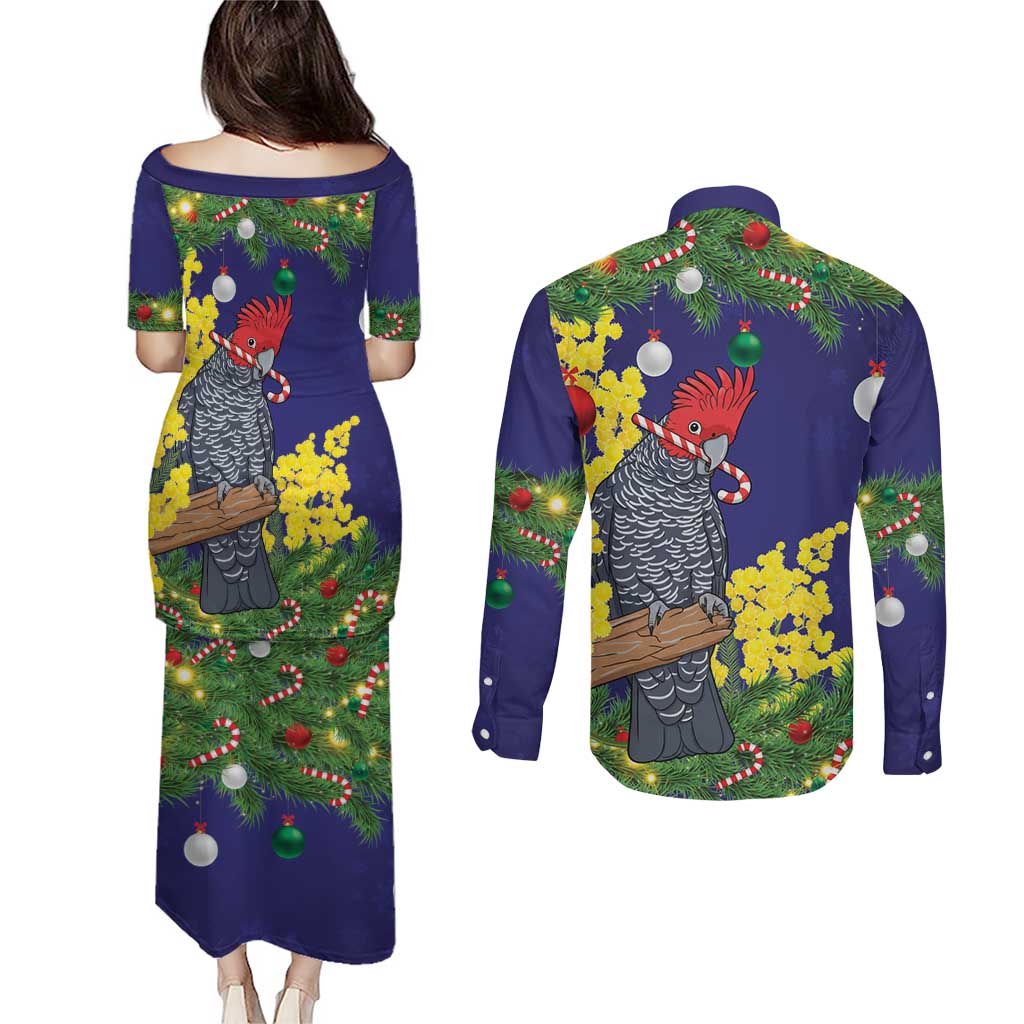Australia Gang-gang Cockatoo Christmas Couples Matching Puletasi and Long Sleeve Button Shirt Callocephalon Fimbriatum Golden Wattle Blue - Aussie Hoodie
