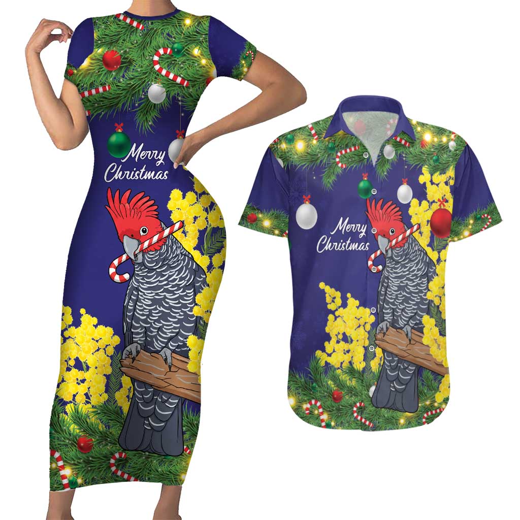 Australia Gang-gang Cockatoo Christmas Couples Matching Short Sleeve Bodycon Dress and Hawaiian Shirt Callocephalon Fimbriatum Golden Wattle Blue - Aussie Hoodie