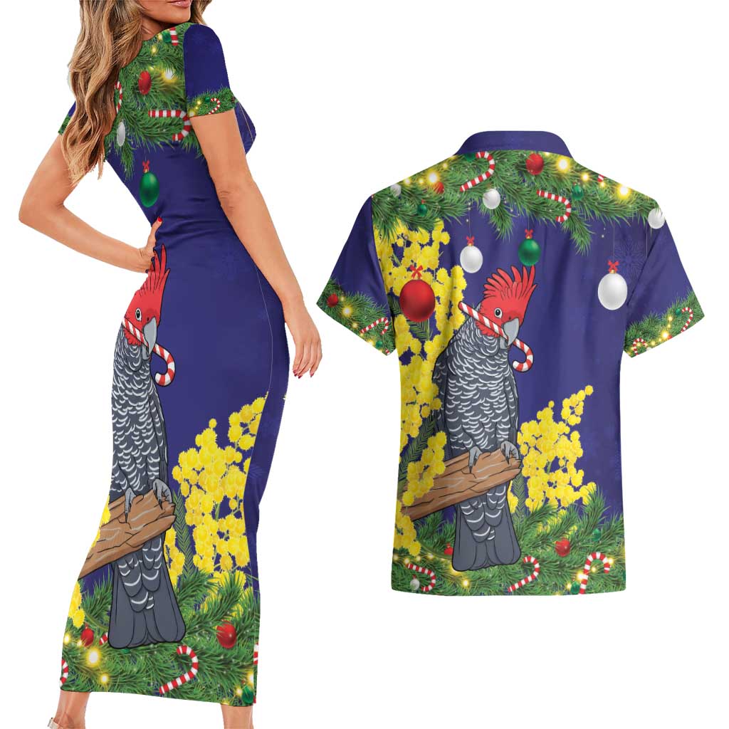Australia Gang-gang Cockatoo Christmas Couples Matching Short Sleeve Bodycon Dress and Hawaiian Shirt Callocephalon Fimbriatum Golden Wattle Blue - Aussie Hoodie