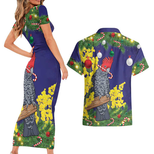 Australia Gang-gang Cockatoo Christmas Couples Matching Short Sleeve Bodycon Dress and Hawaiian Shirt Callocephalon Fimbriatum Golden Wattle Blue - Aussie Hoodie