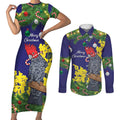 Australia Gang-gang Cockatoo Christmas Couples Matching Short Sleeve Bodycon Dress and Long Sleeve Button Shirt Callocephalon Fimbriatum Golden Wattle Blue - Aussie Hoodie