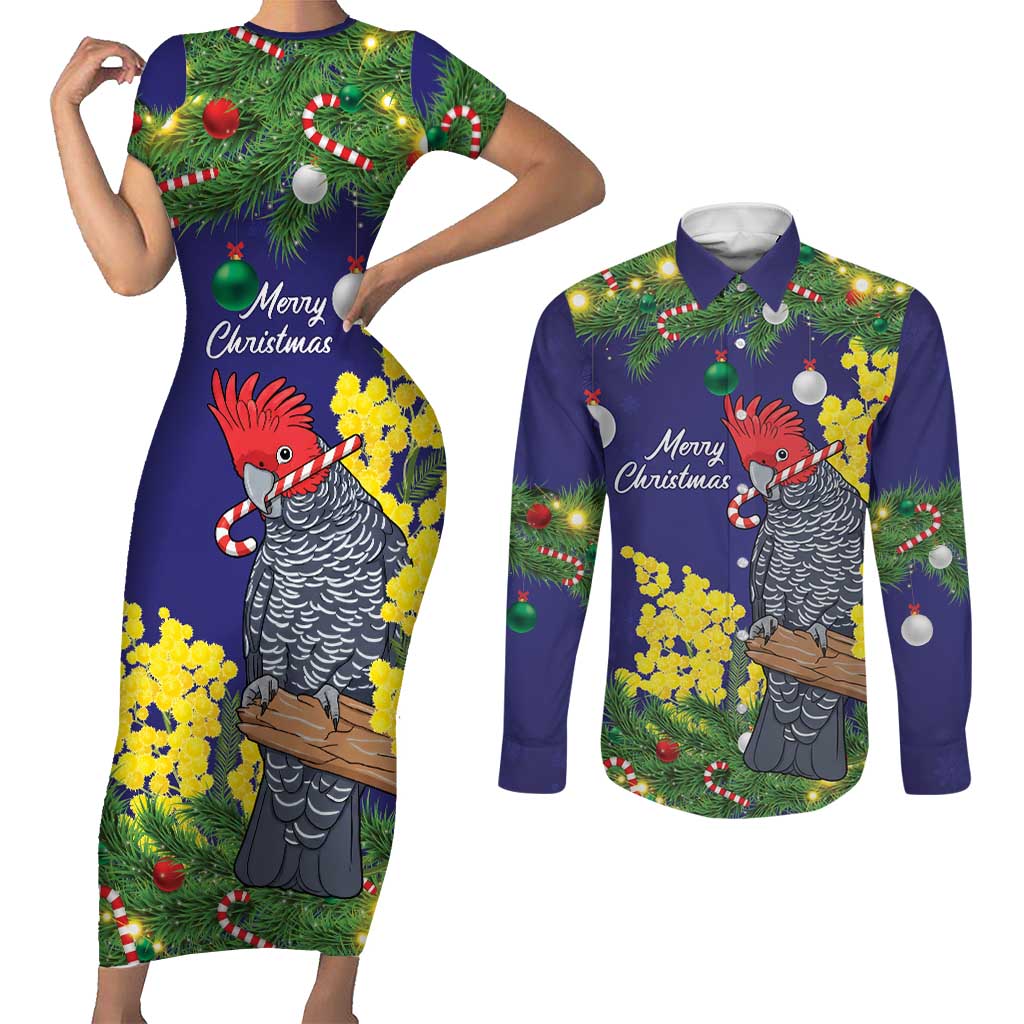 Australia Gang-gang Cockatoo Christmas Couples Matching Short Sleeve Bodycon Dress and Long Sleeve Button Shirt Callocephalon Fimbriatum Golden Wattle Blue - Aussie Hoodie