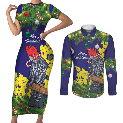 Australia Gang-gang Cockatoo Christmas Couples Matching Short Sleeve Bodycon Dress and Long Sleeve Button Shirt Callocephalon Fimbriatum Golden Wattle Blue - Aussie Hoodie