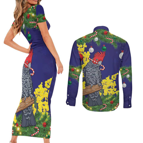 Australia Gang-gang Cockatoo Christmas Couples Matching Short Sleeve Bodycon Dress and Long Sleeve Button Shirt Callocephalon Fimbriatum Golden Wattle Blue - Aussie Hoodie