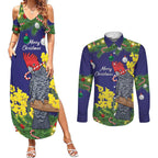 Australia Gang-gang Cockatoo Christmas Couples Matching Summer Maxi Dress and Long Sleeve Button Shirt Callocephalon Fimbriatum Golden Wattle Blue - Aussie Hoodie