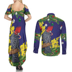 Australia Gang-gang Cockatoo Christmas Couples Matching Summer Maxi Dress and Long Sleeve Button Shirt Callocephalon Fimbriatum Golden Wattle Blue - Aussie Hoodie