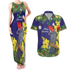 Australia Gang-gang Cockatoo Christmas Couples Matching Tank Maxi Dress and Hawaiian Shirt Callocephalon Fimbriatum Golden Wattle Blue - Aussie Hoodie