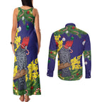 Australia Gang-gang Cockatoo Christmas Couples Matching Tank Maxi Dress and Long Sleeve Button Shirt Callocephalon Fimbriatum Golden Wattle Blue - Aussie Hoodie