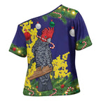 Australia Gang-gang Cockatoo Christmas Cross Shoulder Shirt Callocephalon Fimbriatum Golden Wattle Blue - Aussie Hoodie