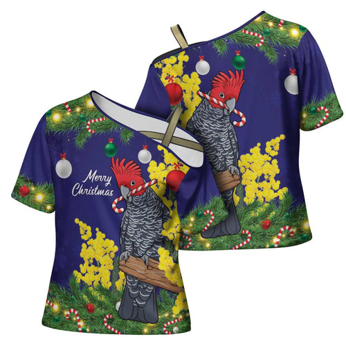 Australia Gang-gang Cockatoo Christmas Cross Shoulder Shirt Callocephalon Fimbriatum Golden Wattle Blue - Aussie Hoodie