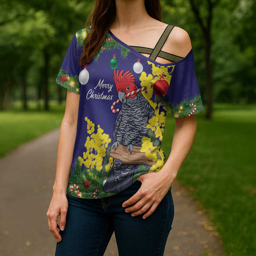 Australia Gang-gang Cockatoo Christmas Cross Shoulder Shirt Callocephalon Fimbriatum Golden Wattle Blue - Aussie Hoodie