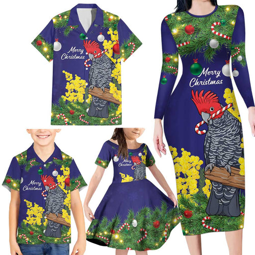 Australia Gang-gang Cockatoo Christmas Family Matching Long Sleeve Bodycon Dress and Hawaiian Shirt Callocephalon Fimbriatum Golden Wattle Blue - Aussie Hoodie