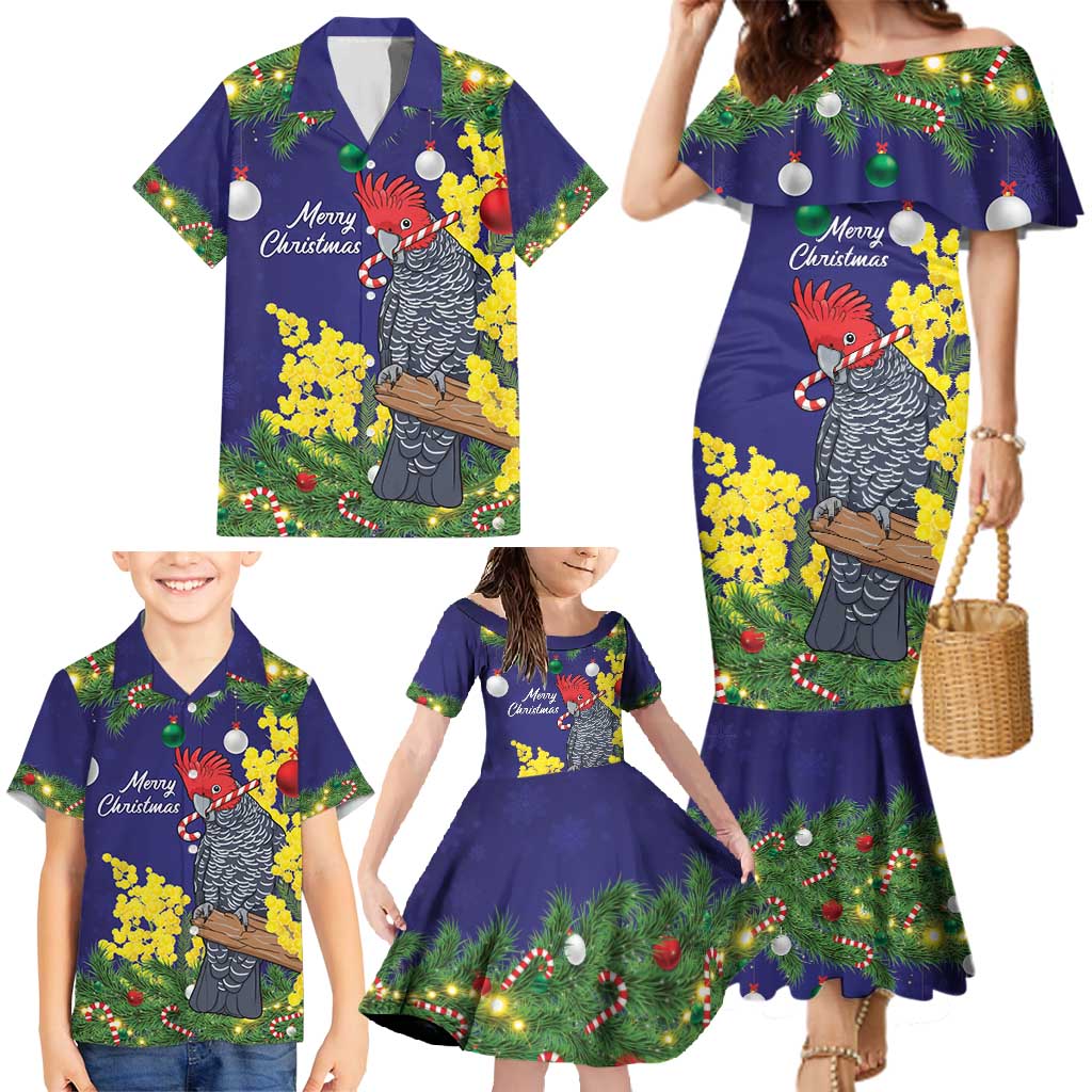 Australia Gang-gang Cockatoo Christmas Family Matching Mermaid Dress and Hawaiian Shirt Callocephalon Fimbriatum Golden Wattle Blue - Aussie Hoodie