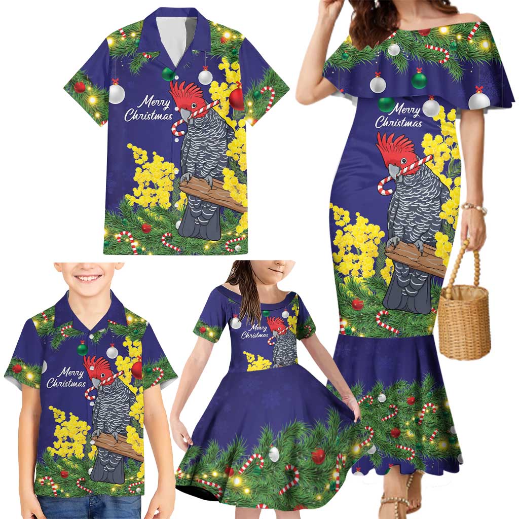 Australia Gang-gang Cockatoo Christmas Family Matching Mermaid Dress and Hawaiian Shirt Callocephalon Fimbriatum Golden Wattle Blue - Aussie Hoodie