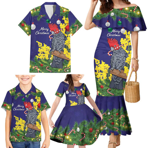 Australia Gang-gang Cockatoo Christmas Family Matching Mermaid Dress and Hawaiian Shirt Callocephalon Fimbriatum Golden Wattle Blue - Aussie Hoodie